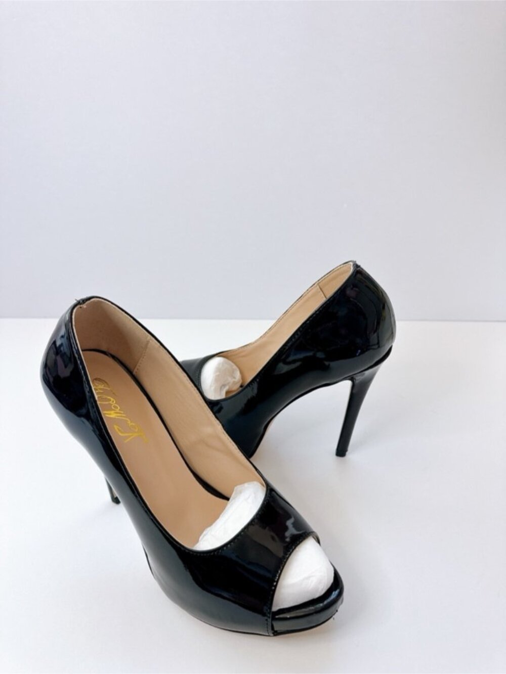 Women’s Black Patent Leather Peep Toe Platform Heels FOWT Size 6.5